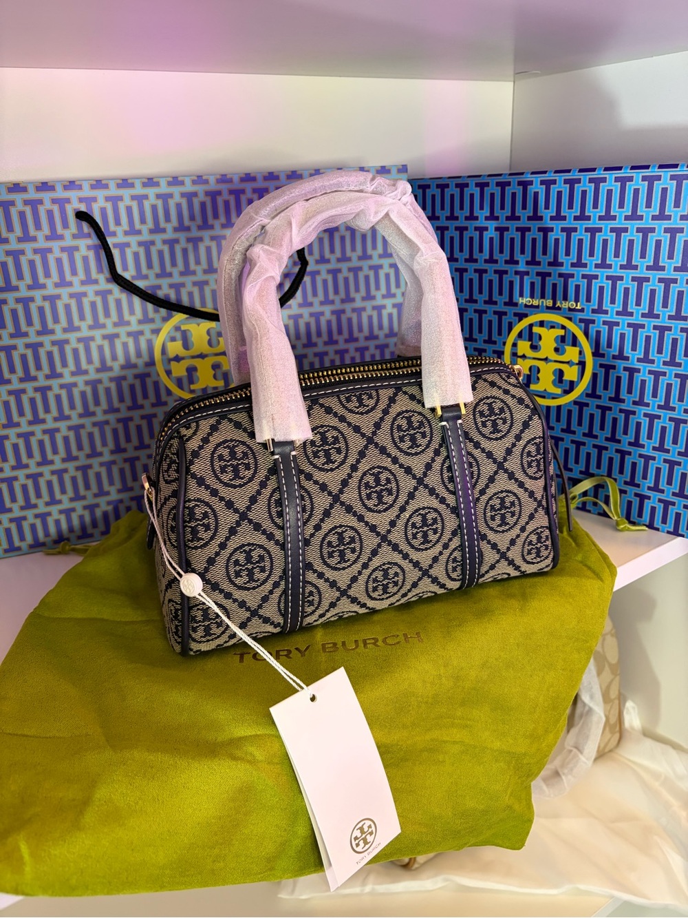 Tory Burch Navy & Cream Logo Jacquard Small Satchel